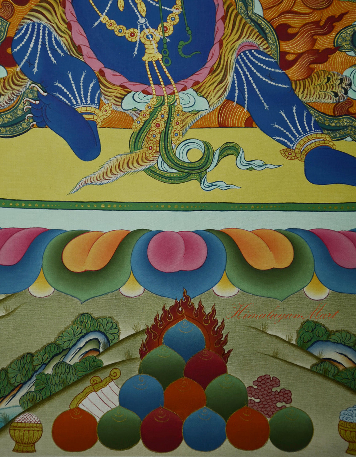 Close-up of Vajrapani’s lotus base with fine gold detailing and symbolic offerings beneath.