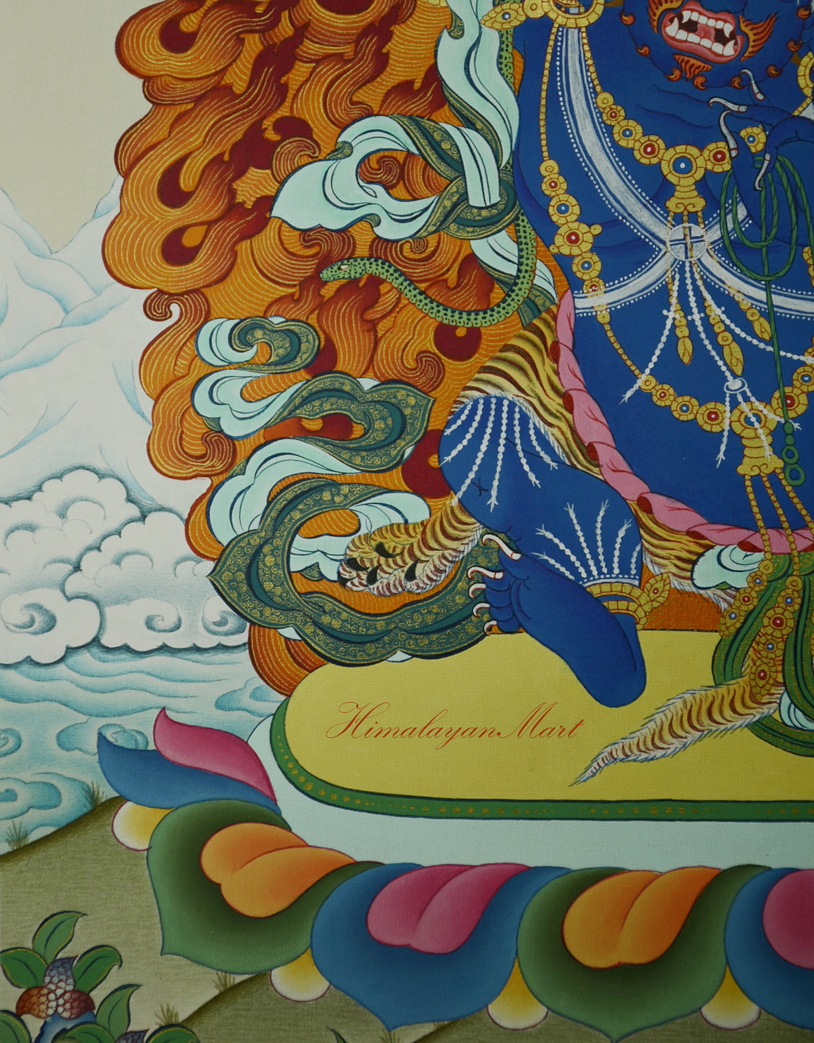 Detail of Vajrapani’s right leg, revealing dynamic posture and sacred lotus throne beneath.