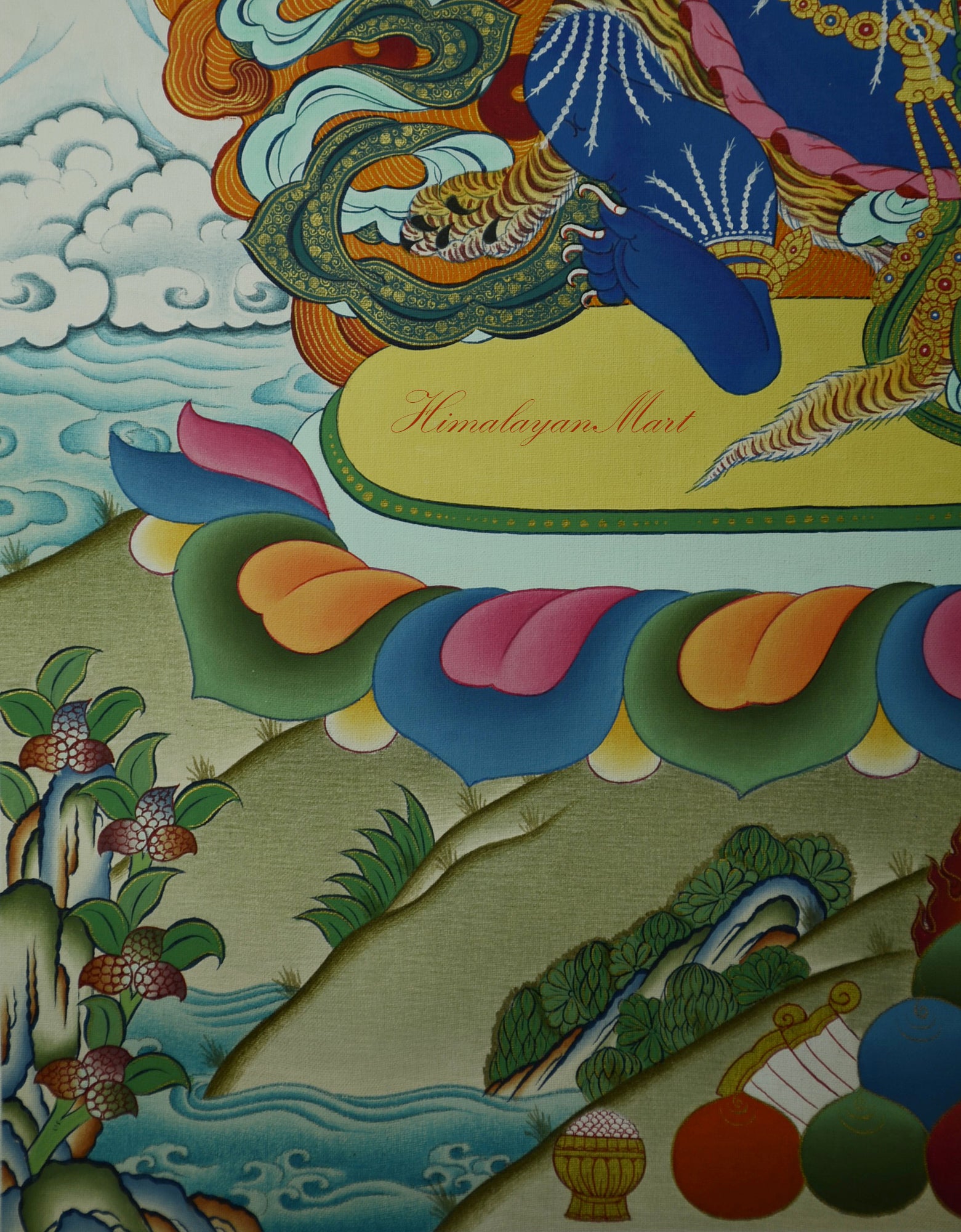 Bottom right detail with sacred flowers, coral, gemstones, and water offerings to Vajrapani.