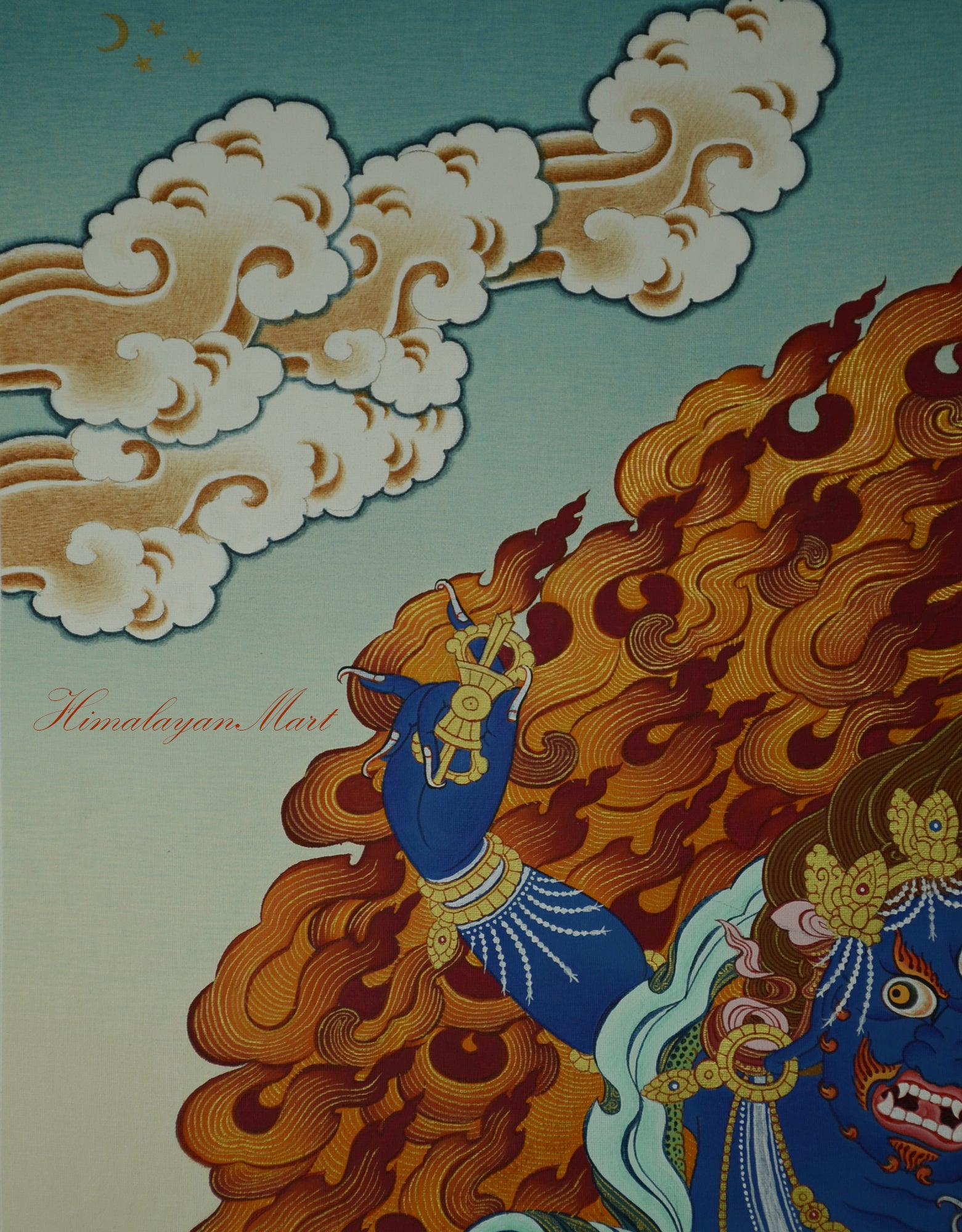 Top right detail showing moon, stars, and symbolic clouds above Vajrapani.