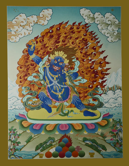 Full view of Vajrapani Tibetan Thangka, hand-painted with 24K gold on cotton canvas.