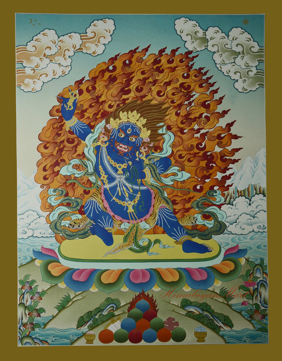 Full view of Vajrapani Tibetan Thangka, hand-painted with 24K gold on cotton canvas.