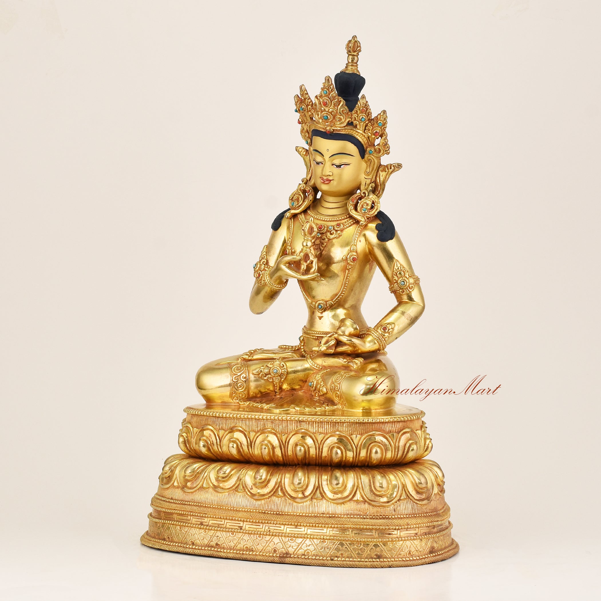 Left side view of Vajrasattva Buddha Statue with turquoise, coral, and lapis ornamentation