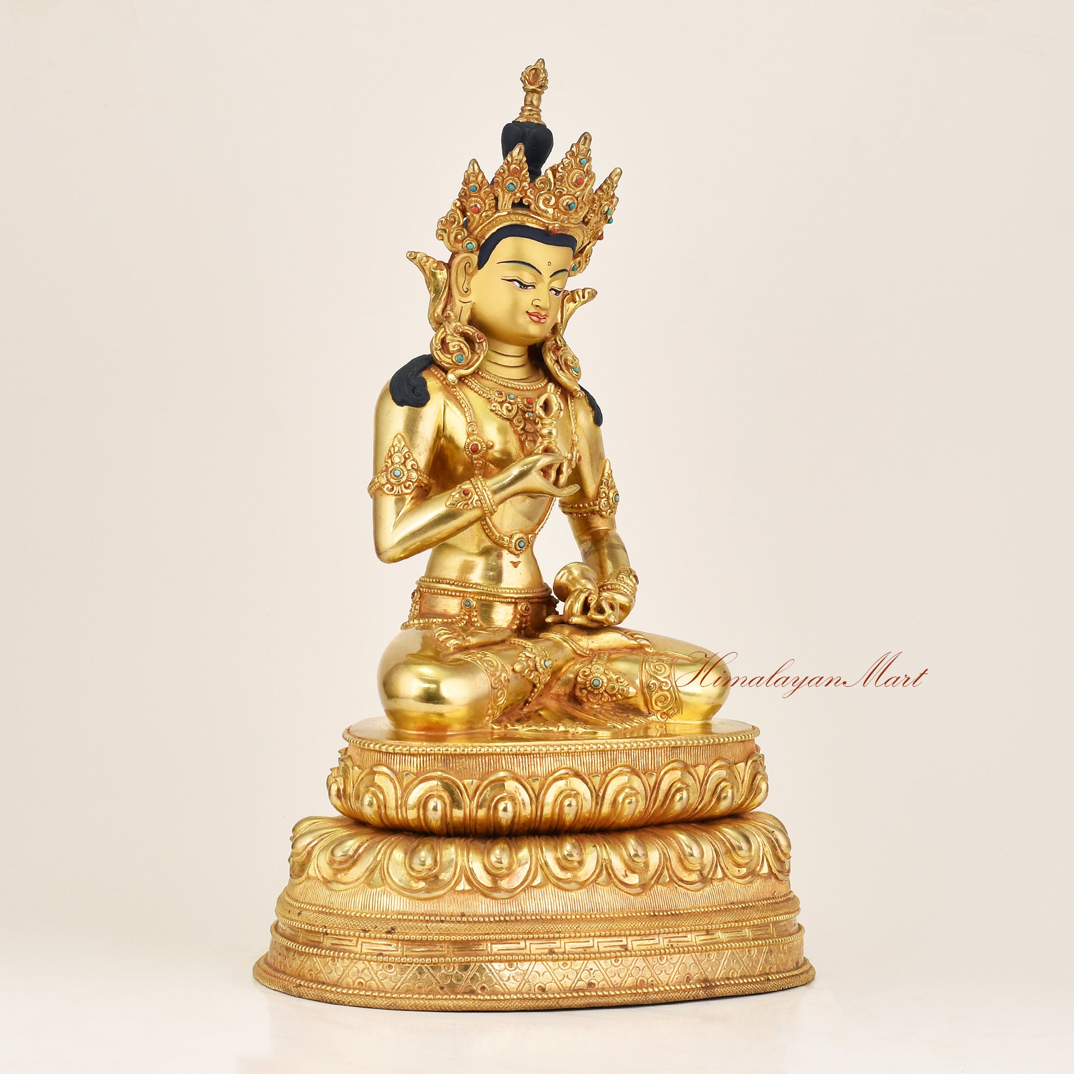 Right side view of Vajrasattva Buddha Statue showing copper alloy casting and gold gilding detail