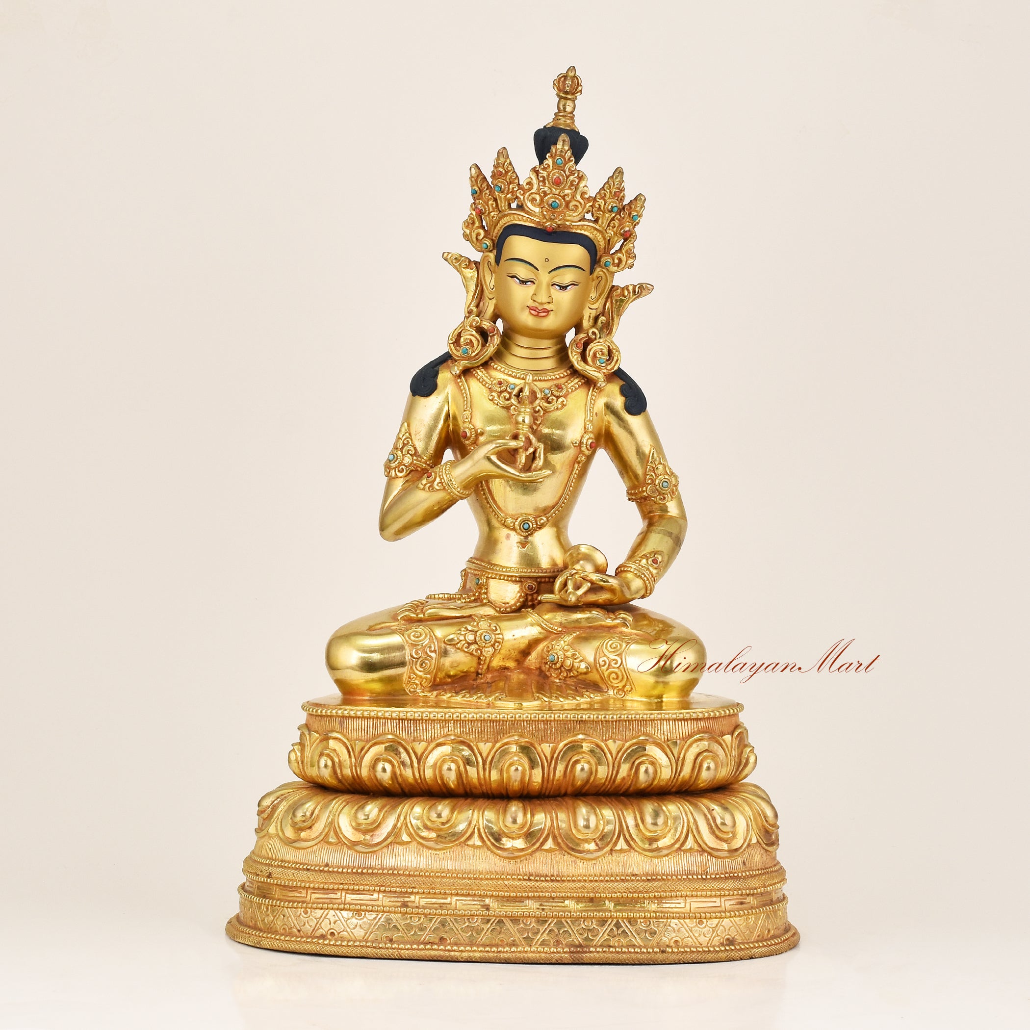 Vajrasattva Buddha Statue, gold gilded copper sculpture with hand-painted face and gemstone inlay