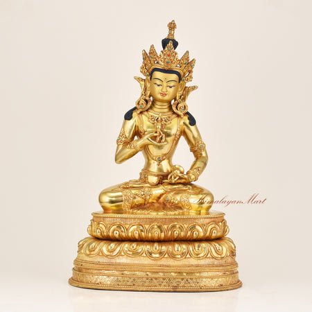 Vajrasattva Buddha Statue, gold gilded copper sculpture with hand-painted face and gemstone inlay