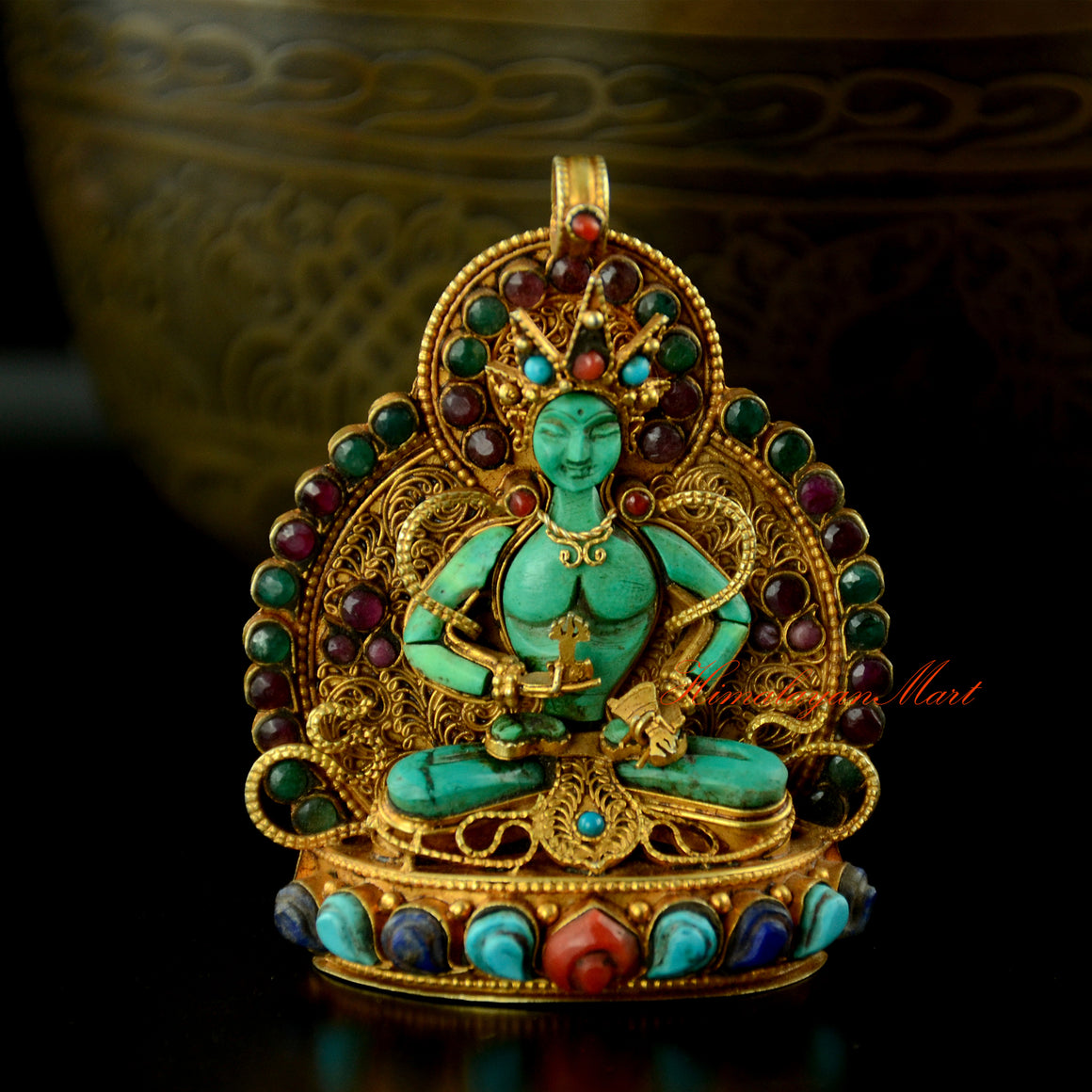 Vajrasattva Silver Pendant featuring gold-plated carved silver and sacred gemstone inlay, front view