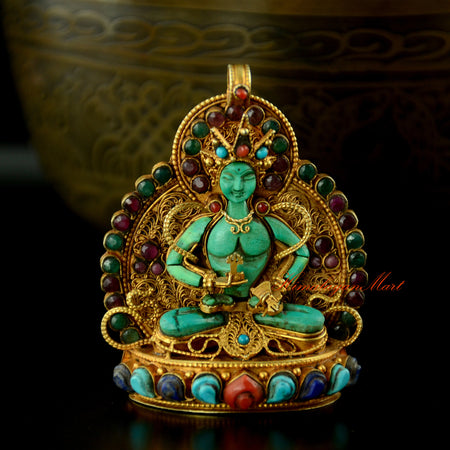 Vajrasattva Silver Pendant featuring gold-plated carved silver and sacred gemstone inlay, front view