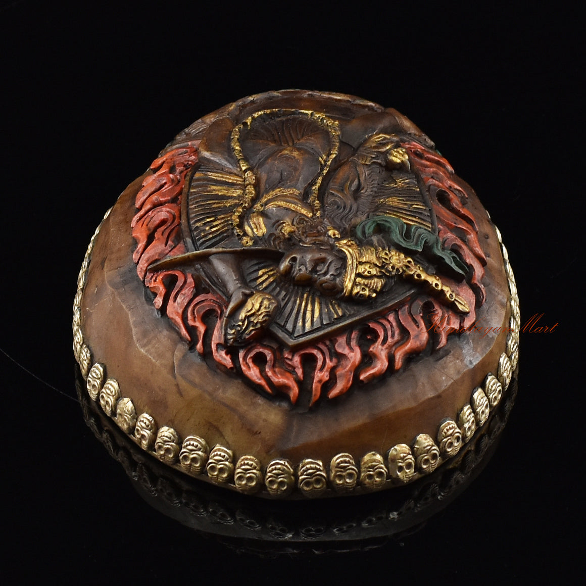 Top view of the Vajrayogini Carved Resin Kapala highlighting the carved Vajrayogini imagery