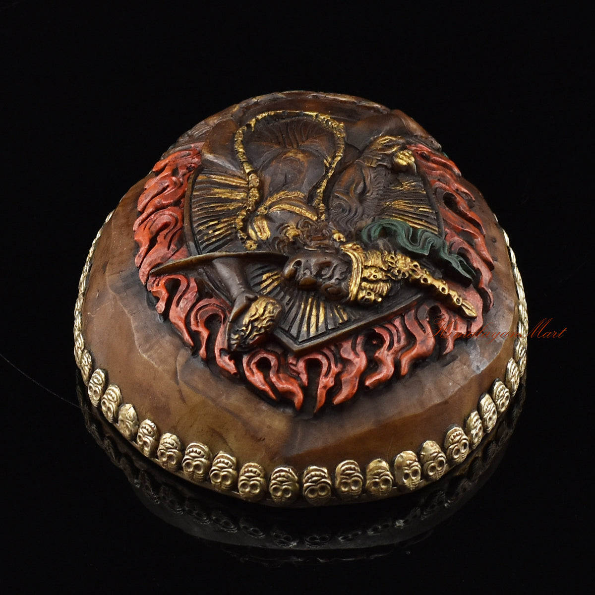 Top view of the Vajrayogini Carved Resin Kapala highlighting the carved Vajrayogini imagery