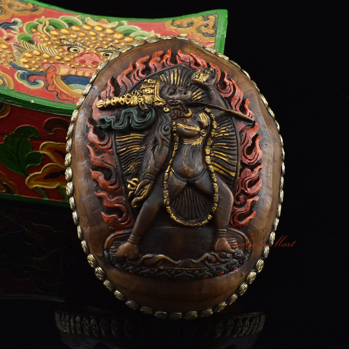 Vajrayogini Carved Resin Kapala with hand-painted skull cup and delicate skull motifs