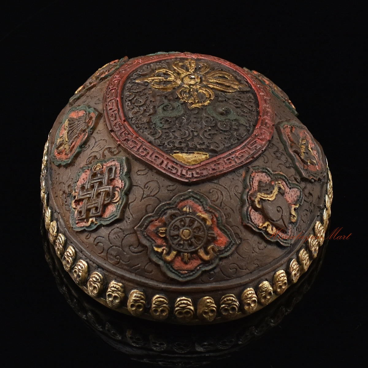 Bottom view of the Vishvavajra Ashtamangala Resin Kapala showing base detailing and craftsmanship