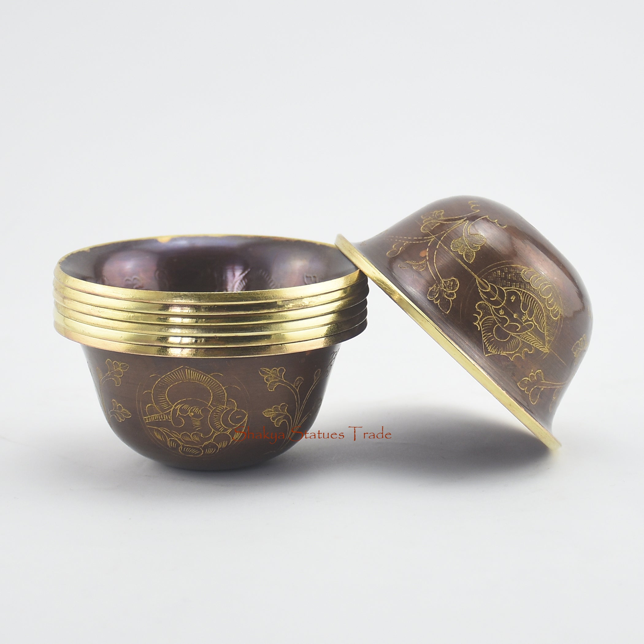 Side profile of Water Offering Bowls Set displaying traditional Tibetan Buddhist altar arrangement