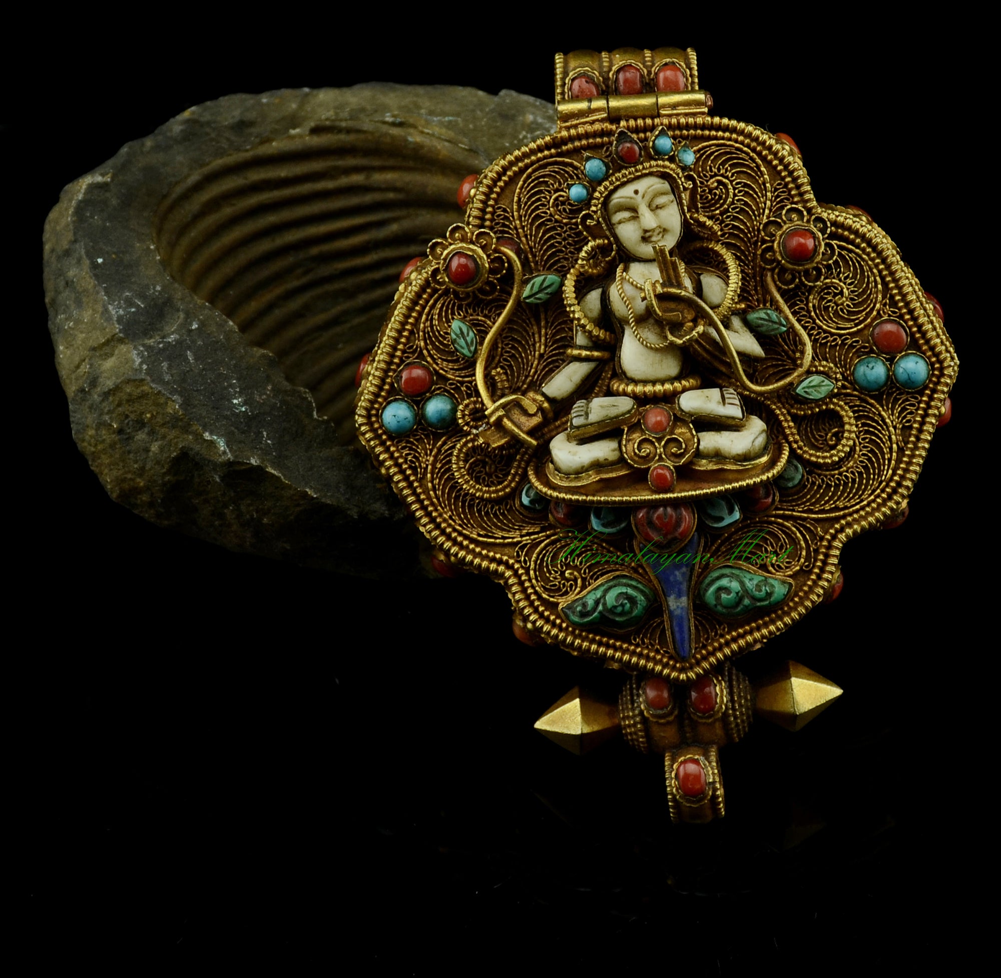White Tara & Chenrezig Tibetan Ghau Pendant with gold-plated filigree and gemstone inlay.