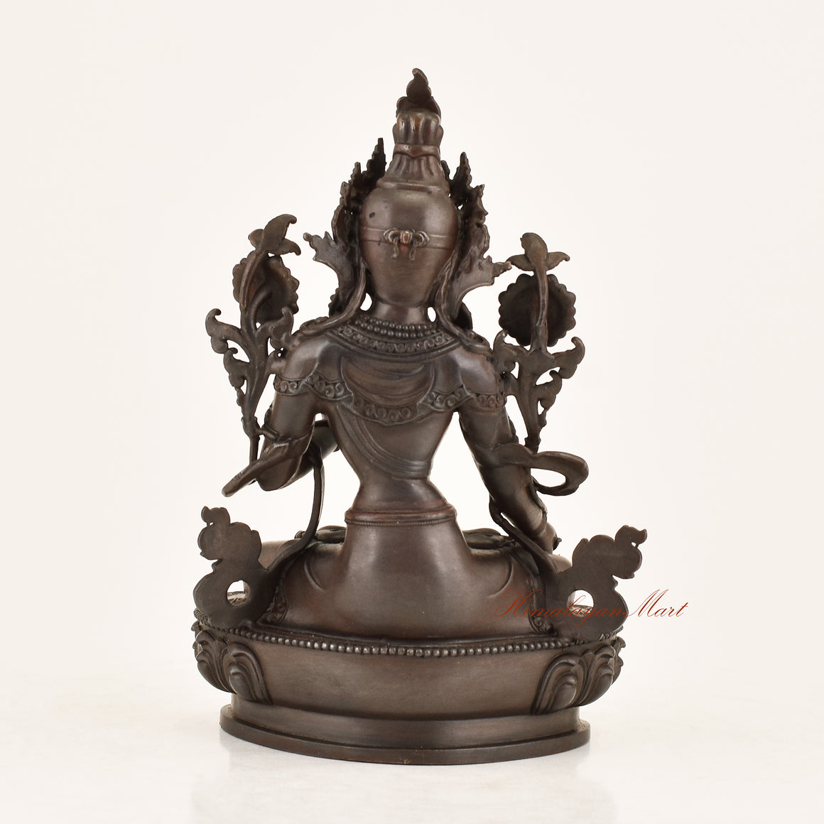 Back view of the Bodhisattva White Tara Statue displaying the detailed lost-wax cast copper alloy finish and traditional Himalayan Buddhist metalwork from Patan, Nepal