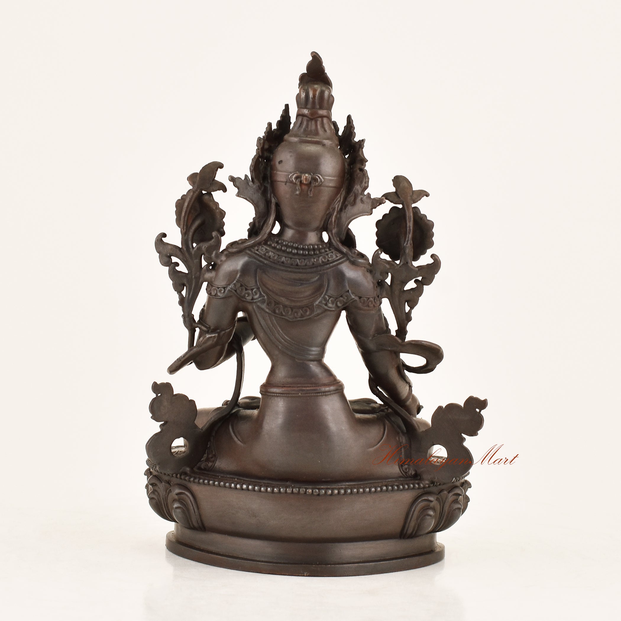 Back view of the Bodhisattva White Tara Statue displaying the detailed lost-wax cast copper alloy finish and traditional Himalayan Buddhist metalwork from Patan, Nepal