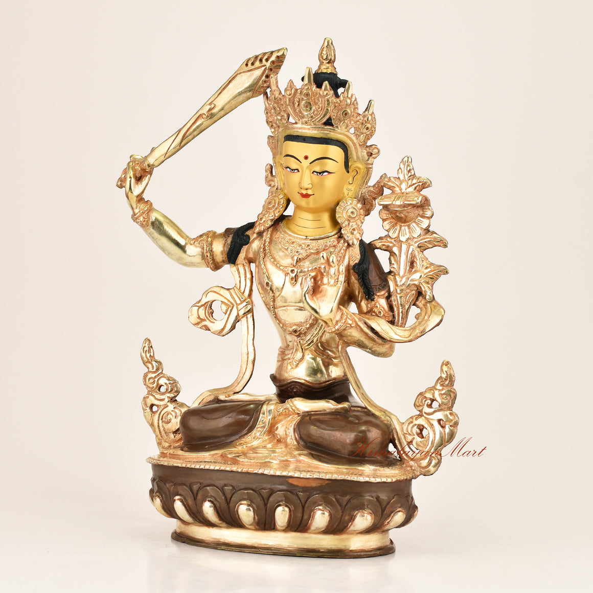 Wisdom Bodhisattva Statue Manjushri left side view, red polished accents, lost-wax casting technique, Nepal