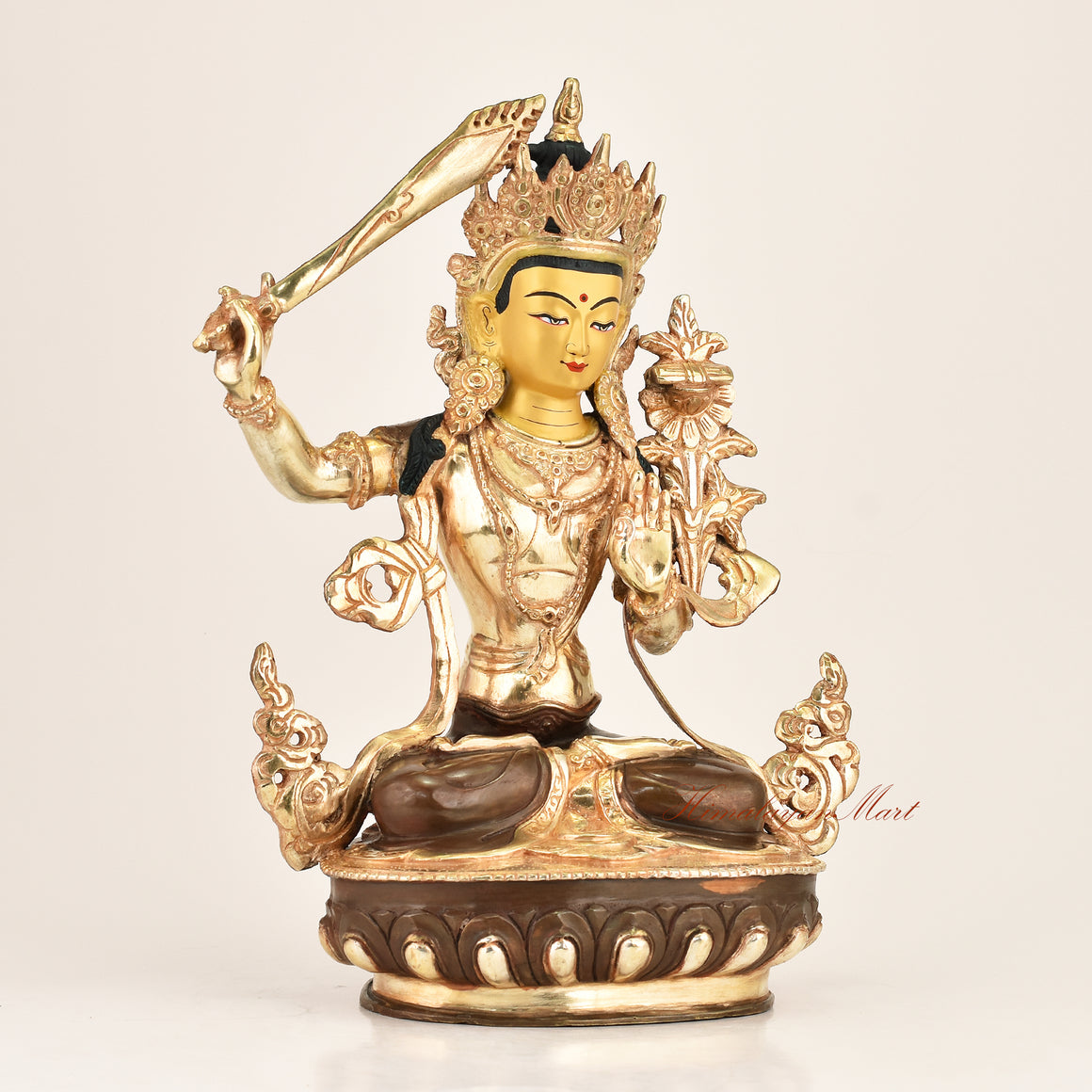Wisdom Bodhisattva Statue Manjushri right side view, fine hand-carved details, traditional Himalayan Buddhist metalwork
