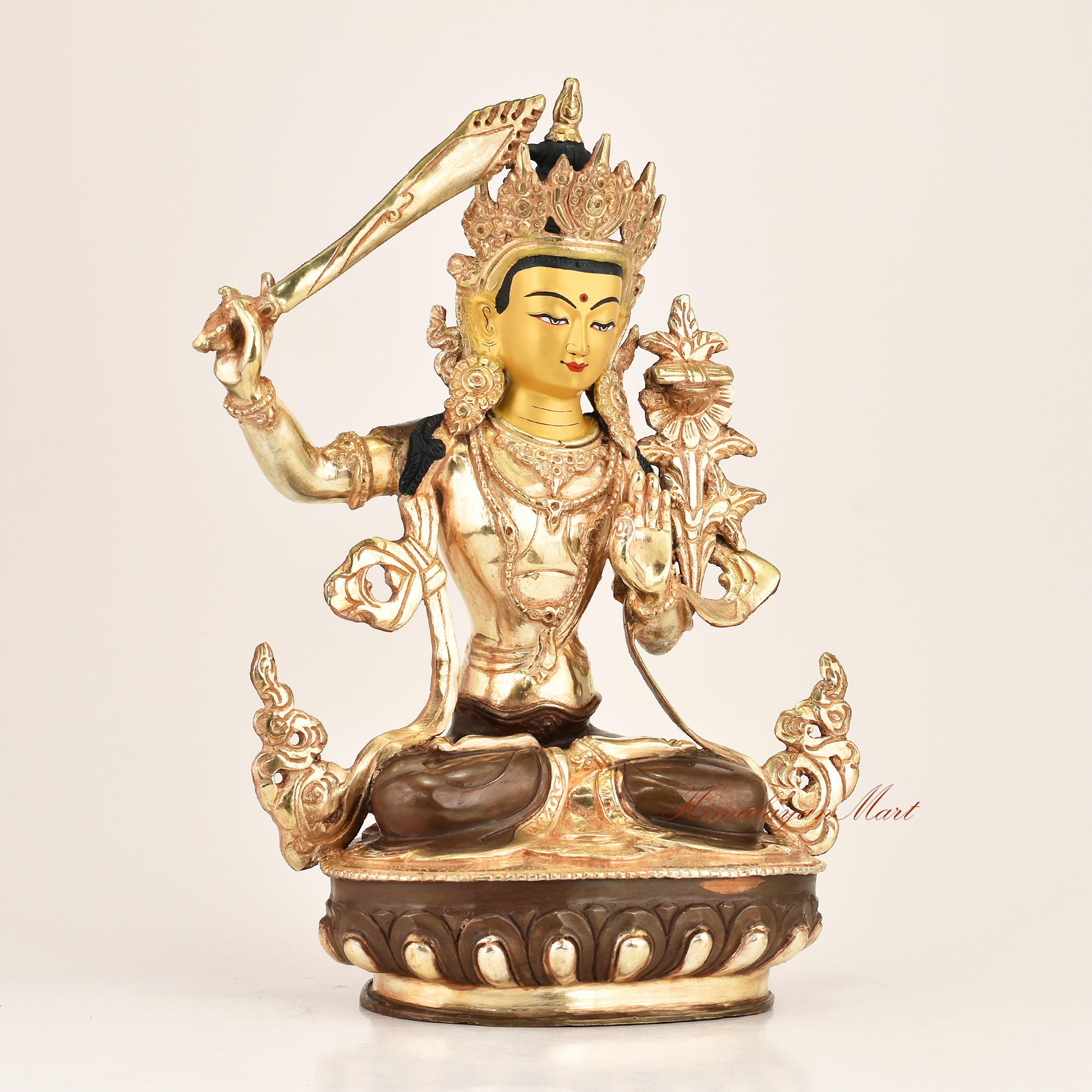 Wisdom Bodhisattva Statue Manjushri right side view, fine hand-carved details, traditional Himalayan Buddhist metalwork