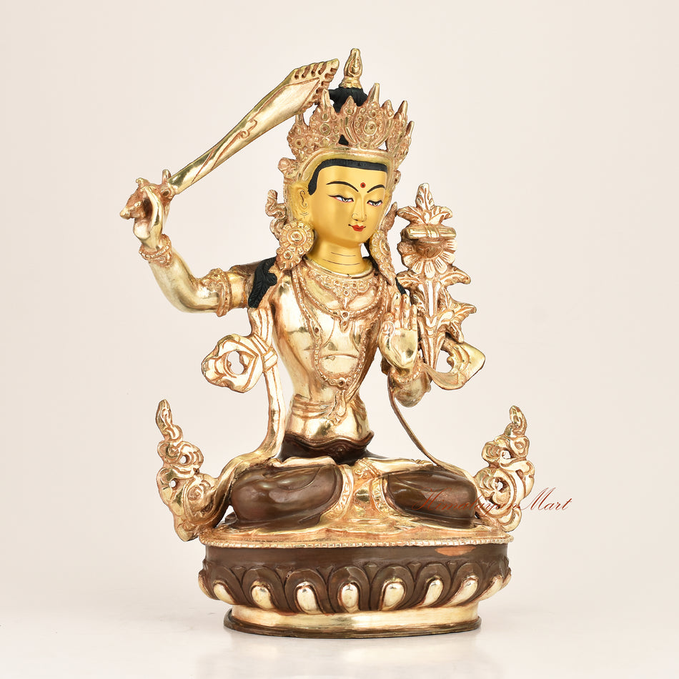Wisdom Bodhisattva Statue Manjushri right side view, fine hand-carved details, traditional Himalayan Buddhist metalwork