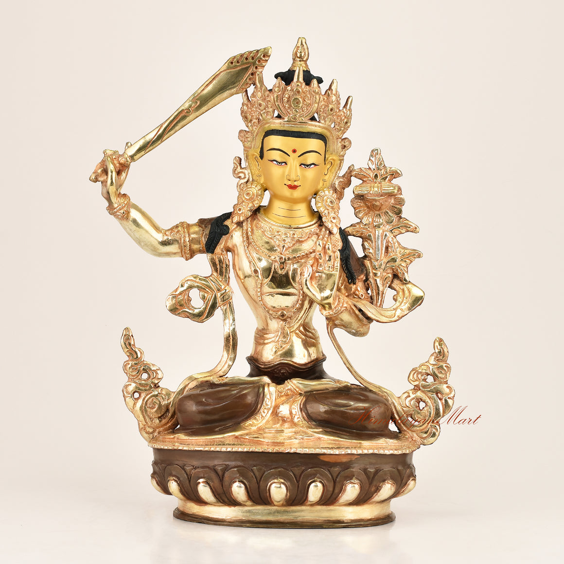Wisdom Bodhisattva Statue Manjushri, gold-plated copper, handcrafted by master artisans in Patan, Nepal
