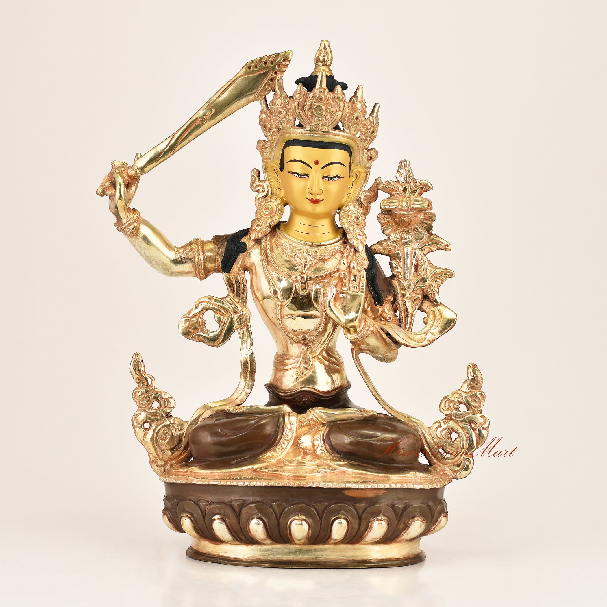 Wisdom Bodhisattva Statue Manjushri, gold-plated copper, handcrafted by master artisans in Patan, Nepal