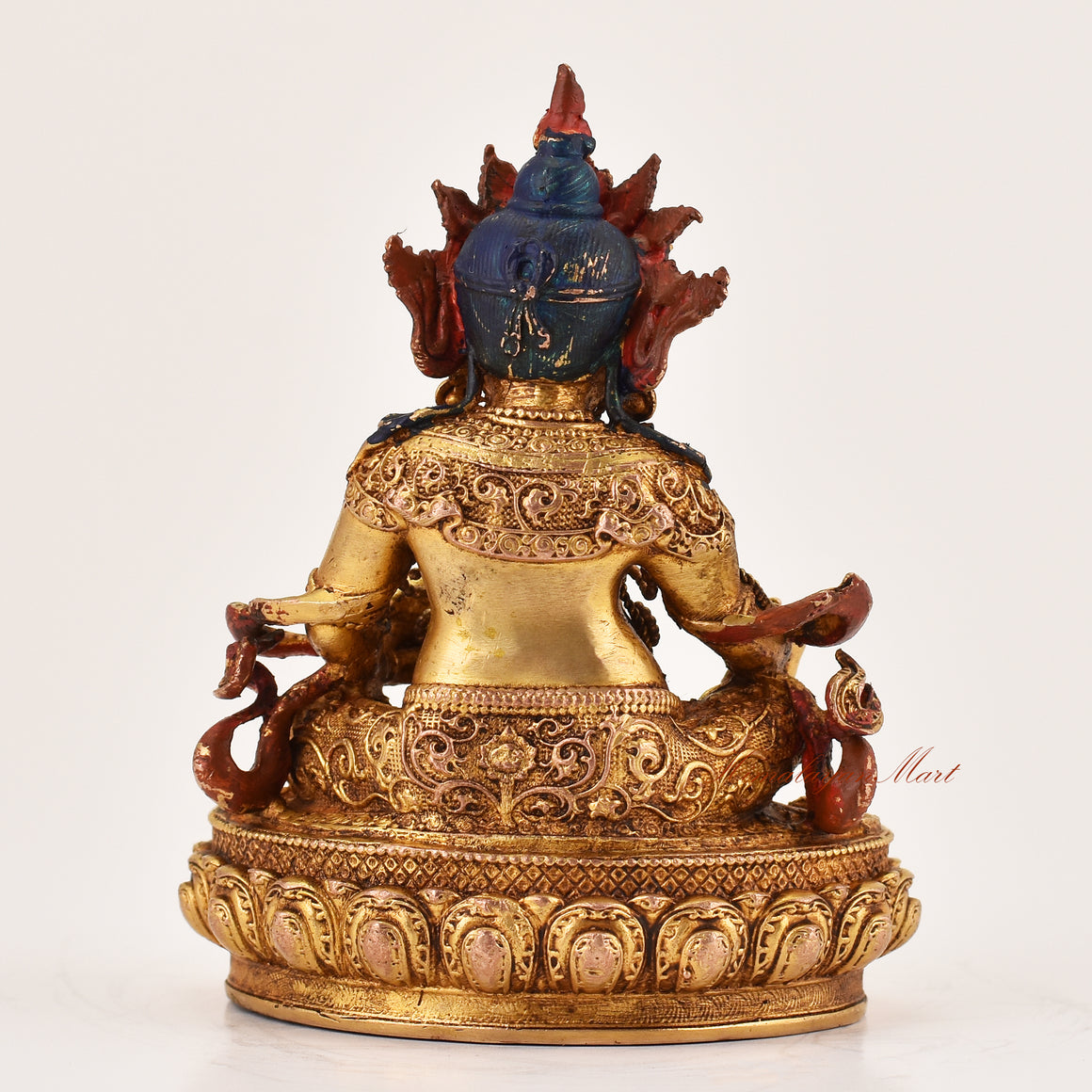 Back view of Yellow Dzambhala lapis statue highlighting traditional Tibetan Buddhist sculpture details for altar and meditation spaces.