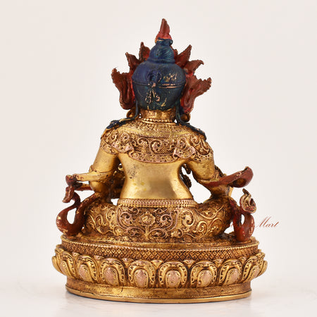 Back view of Yellow Dzambhala lapis statue highlighting traditional Tibetan Buddhist sculpture details for altar and meditation spaces.