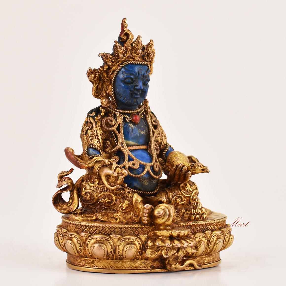 Right side view of Yellow Dzambhala lapis statue, Tibetan Buddhist wealth deity sculpture for meditation and altar use.