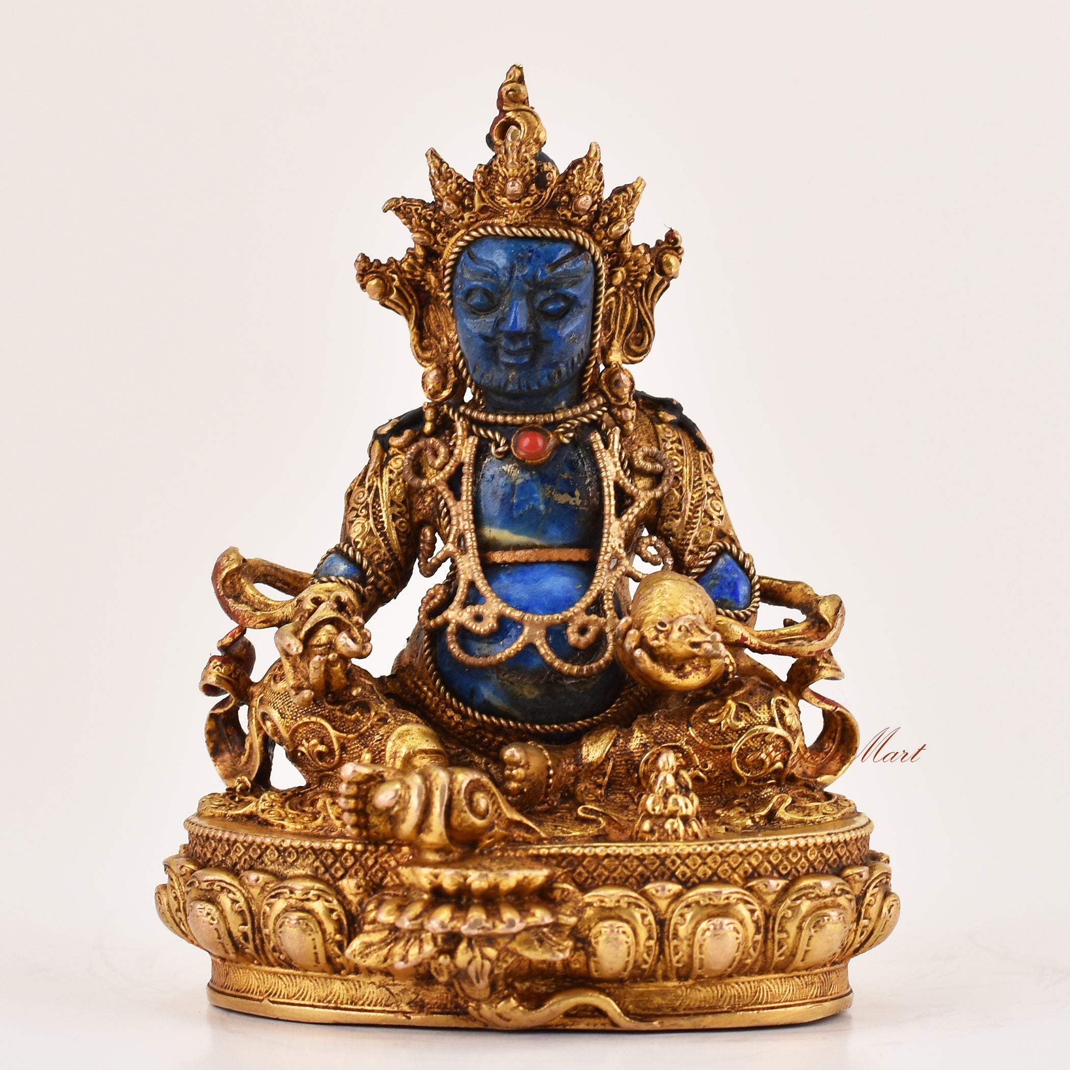 Yellow Dzambhala lapis statue depicting the Tibetan Buddhist wealth deity, handcrafted for meditation and altar spaces, front view.