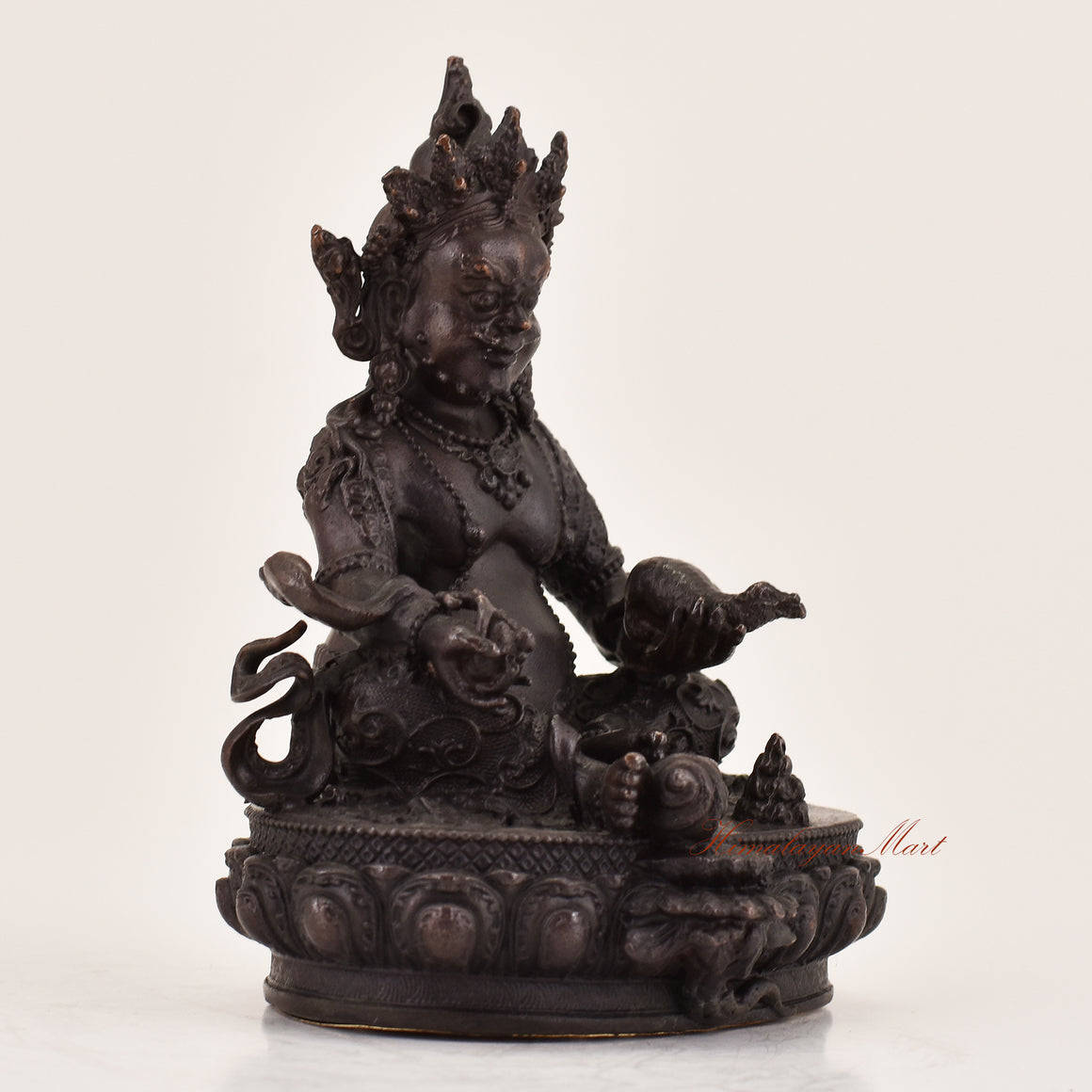 Right-side view of handcrafted Yellow Dzambhala statue for sale, Tibetan Buddhist wealth deity altar sculpture.