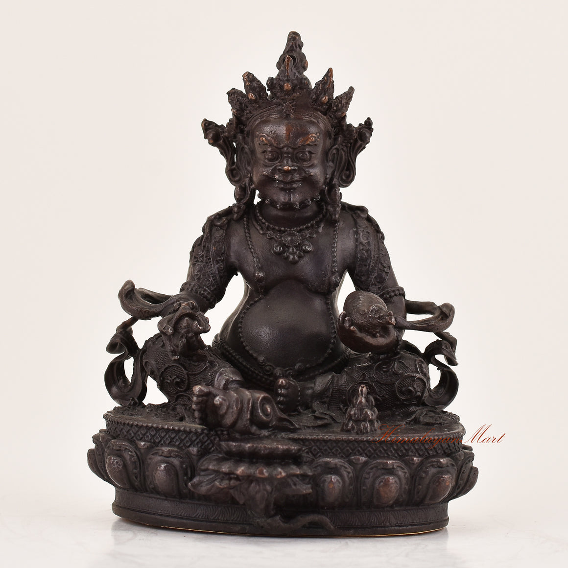 Handcrafted Yellow Dzambhala statue for sale, Tibetan Buddhist wealth deity sculpture shown from the front for altar use.