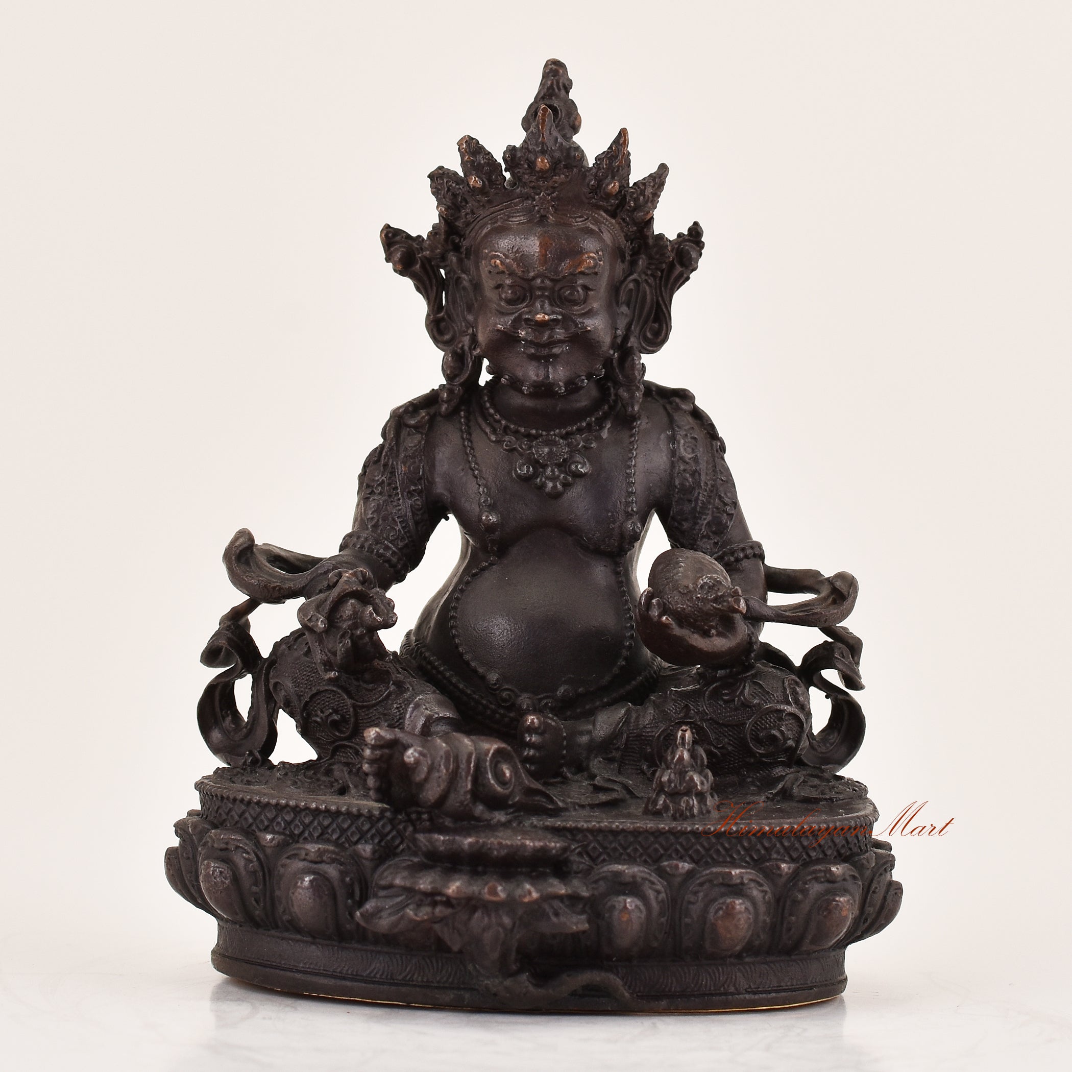 Handcrafted Yellow Dzambhala statue for sale, Tibetan Buddhist wealth deity sculpture shown from the front for altar use.